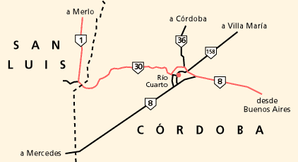 Mapa de acceso a Merlo San Luis viniendo desde las Provincias de Córdoba y Buenos Aires