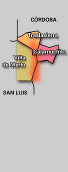 Mapa de la Sierra de los Comechingones con las regiones de Merlo en San Luis; y Calamuchita y Traslasierra en la Provincia de Córdoba 