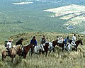 Imagen de excursionistas a caballo en un alto en el ascenso al Cerro Blanco